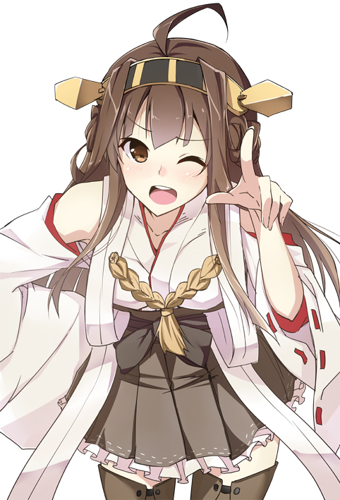 ;d ahoge bad_id bad_pixiv_id brown_hair detached_sleeves hairband hajime_(kin'you_club) headgear japanese_clothes kantai_collection kongou_(kantai_collection) long_hair one_eye_closed open_mouth pointing pointing_at_viewer smile solo thighhighs white_background wide_sleeves
