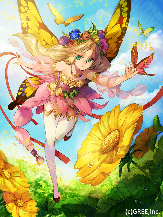 bare_shoulders blonde_hair bug butterfly butterfly_wings character_request dress flower green_eyes hair_ornament insect kyouka_hatori long_hair pointy_ears seisen_cerberus smile solo sunflower thighhighs wings yellow_wings