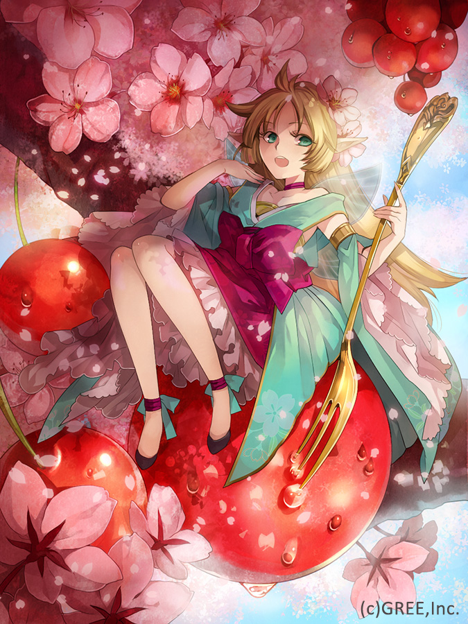 blonde_hair character_request food fork fruit green_eyes hair_ornament kyouka_hatori long_hair open_mouth pointy_ears seisen_cerberus sitting solo