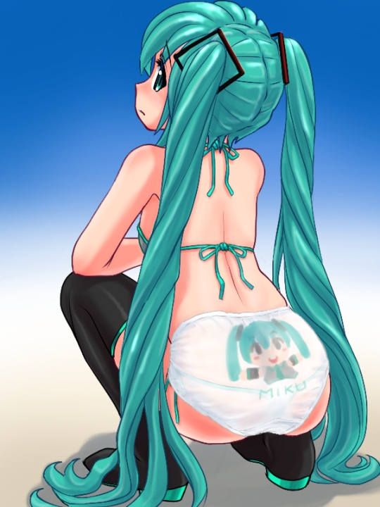 bikini boots character_name from_behind green_eyes green_hair hatsune_miku long_hair o-minato solo squatting swimsuit thigh_boots thighhighs twintails very_long_hair vocaloid