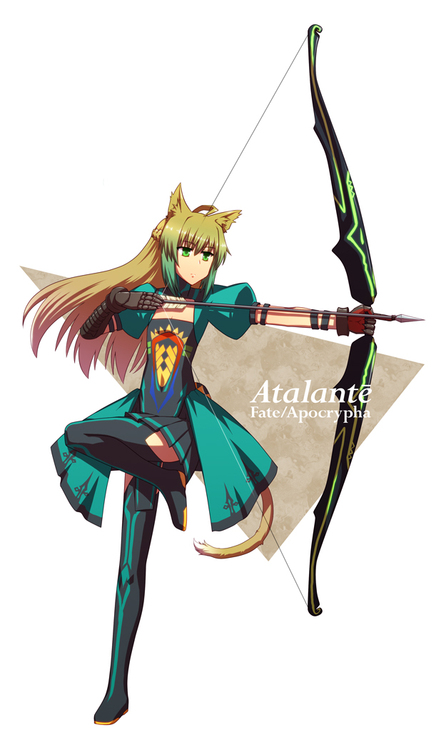 ahoge animal_ears arrow atalanta_(fate) blonde_hair boots bow_(weapon) character_name copyright_name dress fate/apocrypha fate_(series) gloves green_eyes lion_ears lion_tail puffy_sleeves standing standing_on_one_leg tail thigh_boots thighhighs weapon wizs