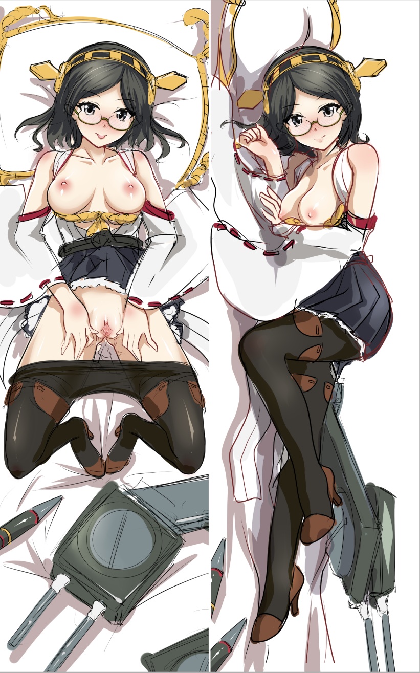 bare_shoulders black_hair blue_eyes blush boots breasts chunyan dakimakura detached_sleeves glasses hairband highres japanese_clothes kantai_collection kirishima_(kantai_collection) looking_at_viewer lying medium_breasts multiple_views nipples on_side pantyhose pantyhose_pull pussy semi-rimless_eyewear shirt_pull short_hair sketch skirt skirt_lift smile spread_pussy thigh_boots thighhighs tongue tongue_out turret uncensored under-rim_eyewear