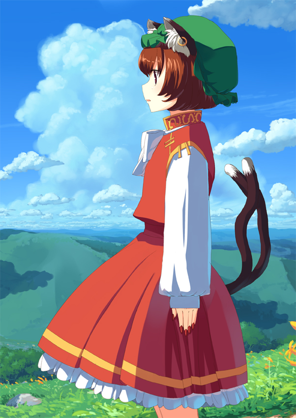animal_ears brown_eyes brown_hair cat_ears cat_tail chen from_side hat mob_cap multiple_tails nail_polish nekomata red_nails solo tail takuzui touhou two_tails