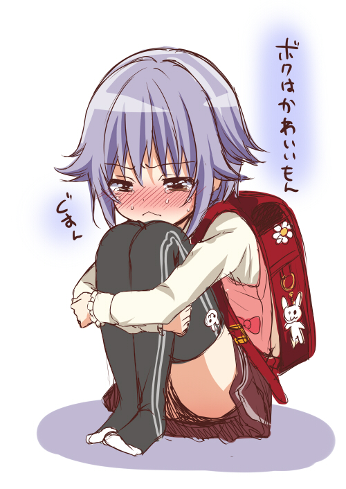 backpack bag blush brown_eyes idolmaster idolmaster_cinderella_girls koshimizu_sachiko leg_hug purple_hair randoseru short_hair sitting sketch skirt solo tears thighhighs tottoto_tomekichi translated younger