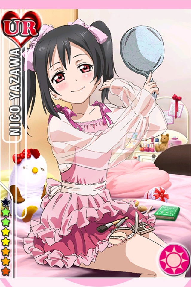 artist_request black_hair blush bow card_(medium) casual character_name dress hair_bow hand_mirror love_live! love_live!_school_idol_festival love_live!_school_idol_project makeup_brush mirror official_art pink pink_dress red_eyes sitting smile solo twintails yazawa_nico