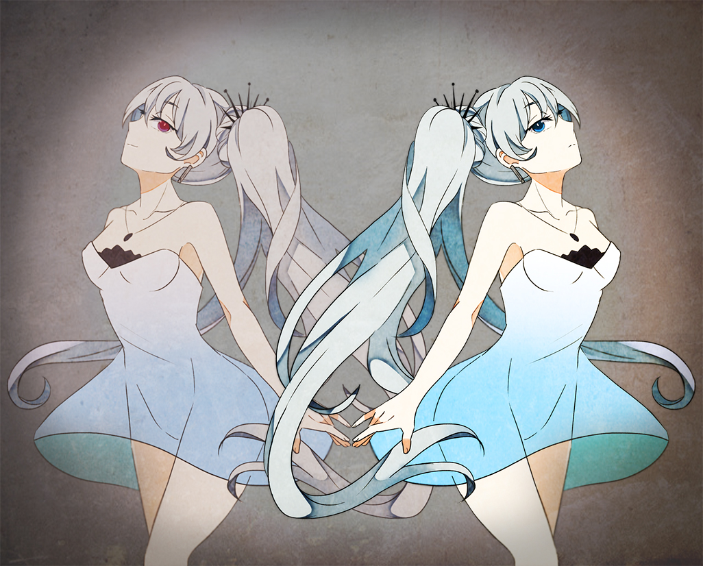 blue_eyes dress dual_persona jewelry kesuke light_smile long_hair necklace no_scar ponytail red_eyes reflection rwby weiss_schnee white_hair