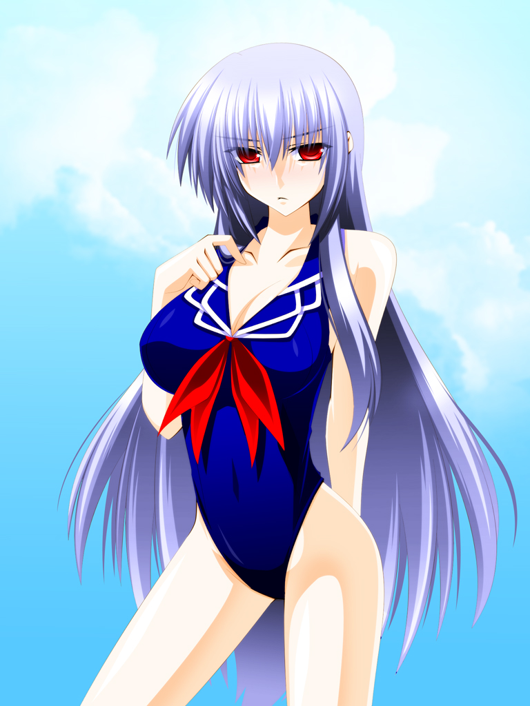 adapted_costume blue_hair blue_swimsuit breasts casual_one-piece_swimsuit cleavage engo_(aquawatery) kamishirasawa_keine large_breasts long_hair no_hat no_headwear one-piece_swimsuit red_eyes ribbon silver_hair solo swimsuit touhou