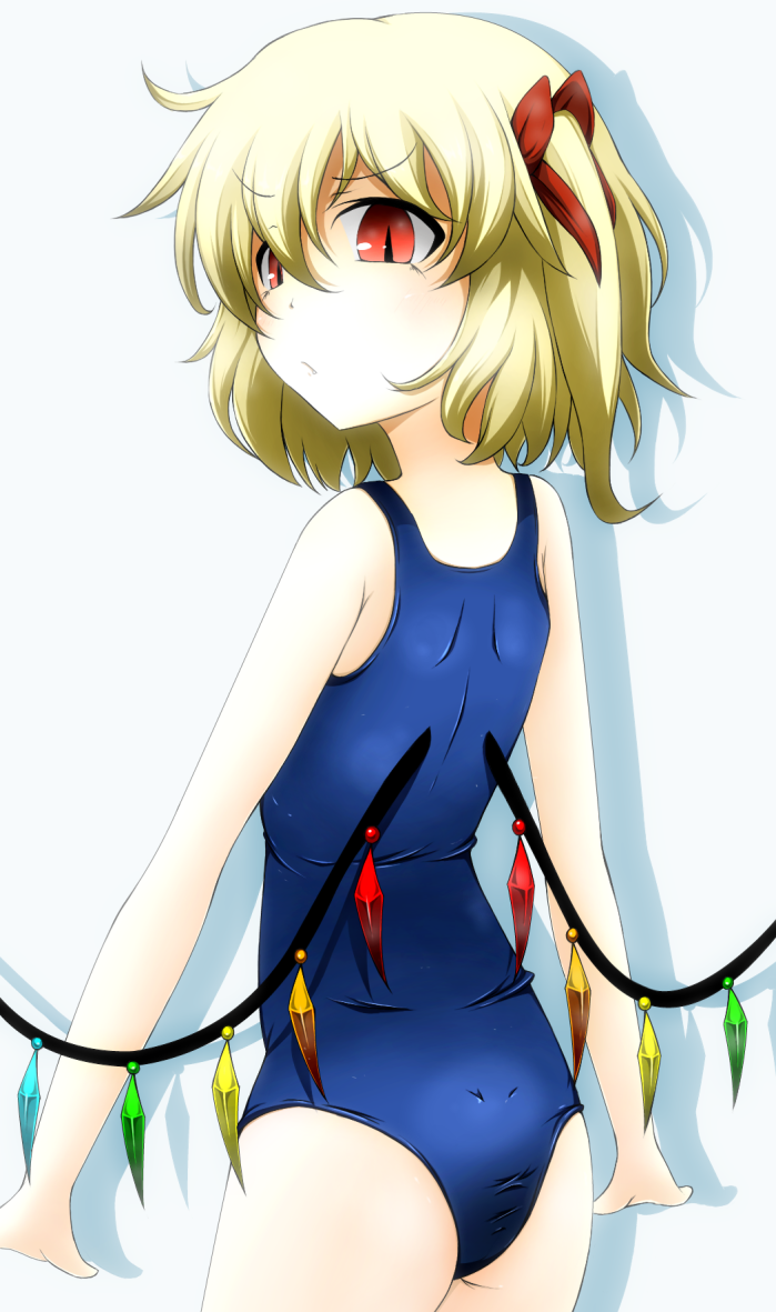 ass back blonde_hair crystal flandre_scarlet fumi_(fumifumi-graffiti) looking_back no_hat no_headwear one-piece_swimsuit red_eyes ribbon school_swimsuit short_hair side_ponytail slit_pupils solo swimsuit touhou wings