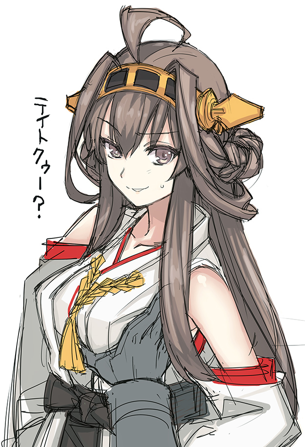 admiral_(kantai_collection) ahoge breast_grab breasts brown_eyes brown_hair collarbone detached_sleeves double_bun grabbing hair_ornament hairband hands_on_hips headgear it's_ok_to_touch japanese_clothes kantai_collection kongou_(kantai_collection) long_hair looking_at_viewer medium_breasts nontraditional_miko raised_eyebrow sketch smile solo_focus sweatdrop tetsu_(kimuchi) translated upper_body white_background wide_sleeves