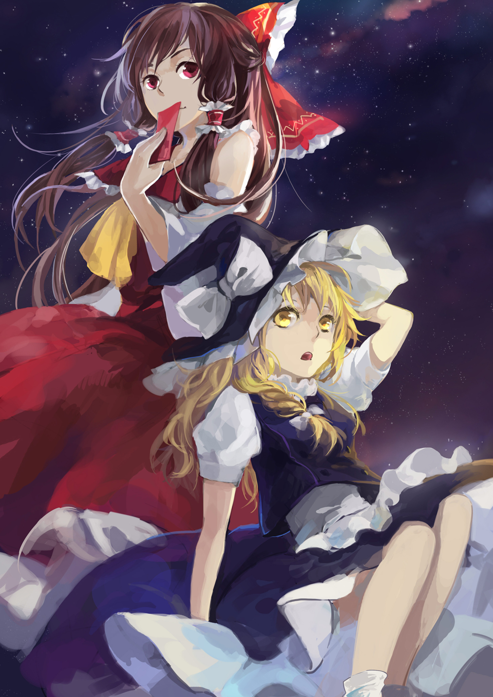 ankle_socks apron ascot atun_(kylove33) blonde_hair bow braid brown_hair detached_sleeves hair_bow hair_tubes hakurei_reimu hand_on_headwear hat hat_ribbon highres kirisame_marisa leaning_on_person light_smile long_hair looking_at_viewer multiple_girls night night_sky ofuda parted_lips red_eyes ribbon single_braid skirt skirt_set sky star_(sky) starry_sky touhou waist_apron witch_hat yellow_eyes