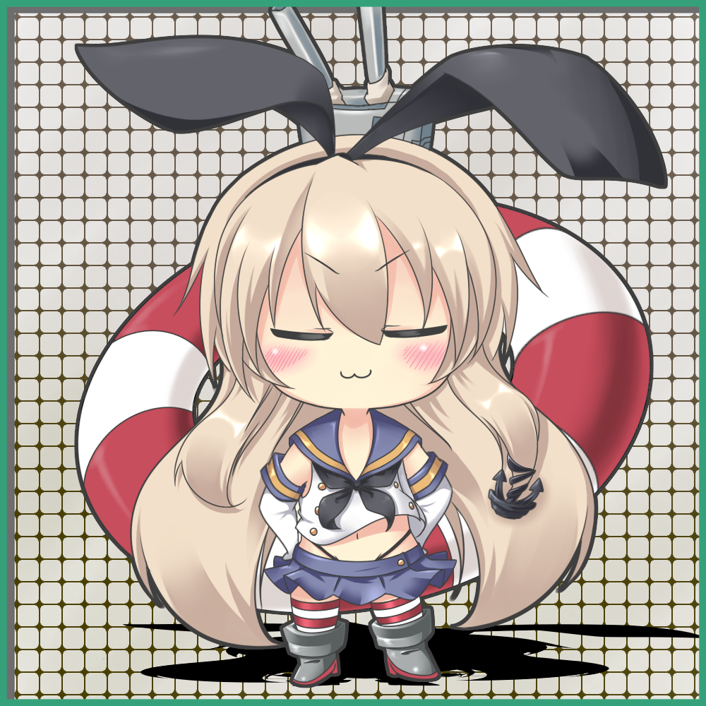 :3 anchor black_panties blonde_hair chibi closed_eyes elbow_gloves gloves hair_ornament innertube kantai_collection long_hair navel panties peta_(taleslove596) rensouhou-chan shimakaze_(kantai_collection) striped striped_legwear thighhighs underwear white_gloves