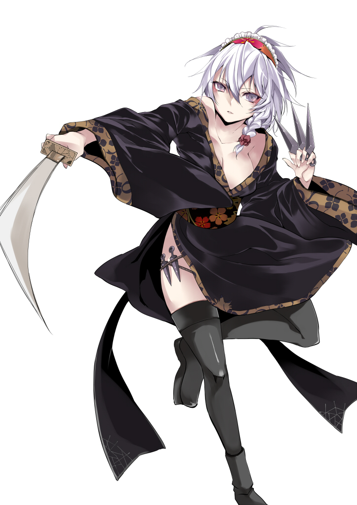 alternate_costume atoshi black_legwear braid breasts cleavage collarbone floral_print grey_eyes holster izayoi_sakuya japanese_clothes kimono knife long_sleeves looking_at_viewer maid_headdress medium_breasts outstretched_arm sash silver_hair simple_background solo sword thigh_holster thighhighs touhou twin_braids weapon white_background wide_sleeves yukata