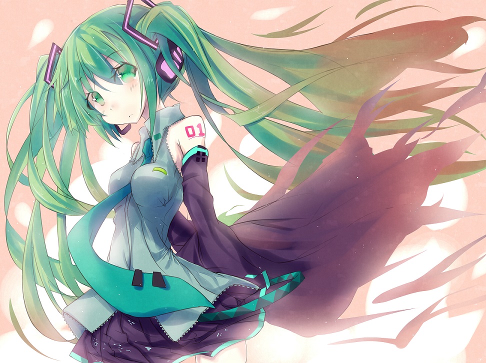 boots detached_sleeves floating_hair green_eyes green_hair hatsune_miku headset hizaka long_hair necktie skirt solo thigh_boots thighhighs twintails very_long_hair vocaloid