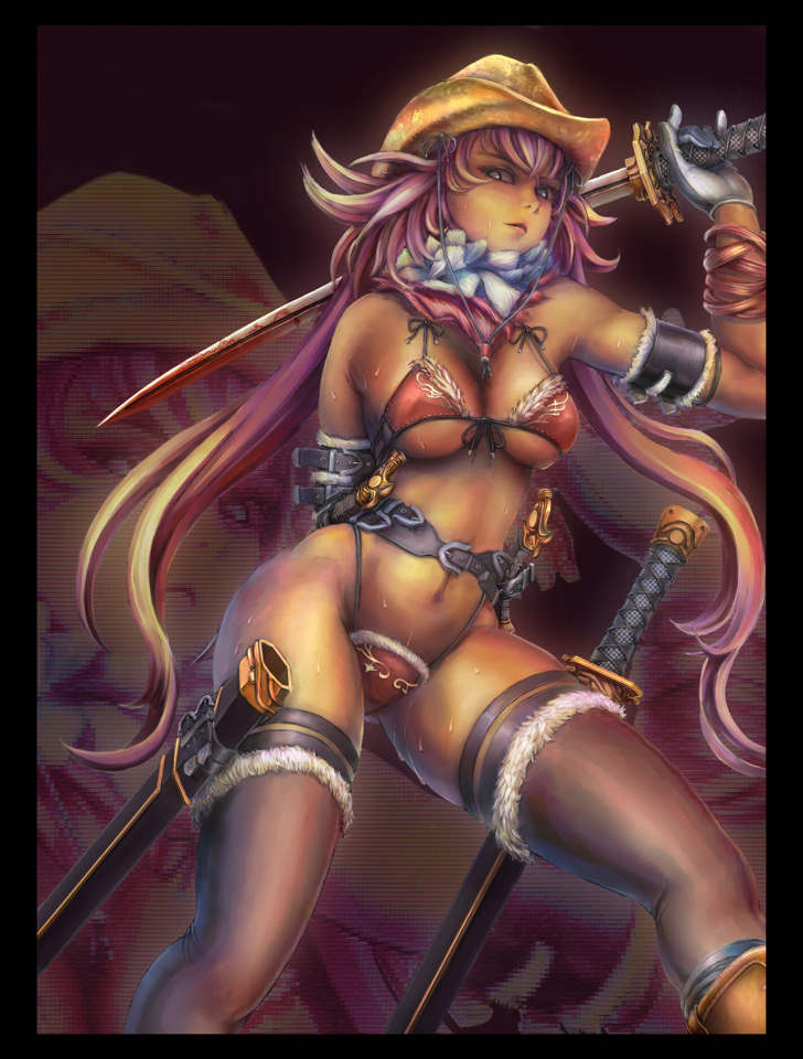 1girl breasts cowboy_hat hat kagura_(oneechanbara) large_breasts midriff oneechanbara solo sweat sword weapon