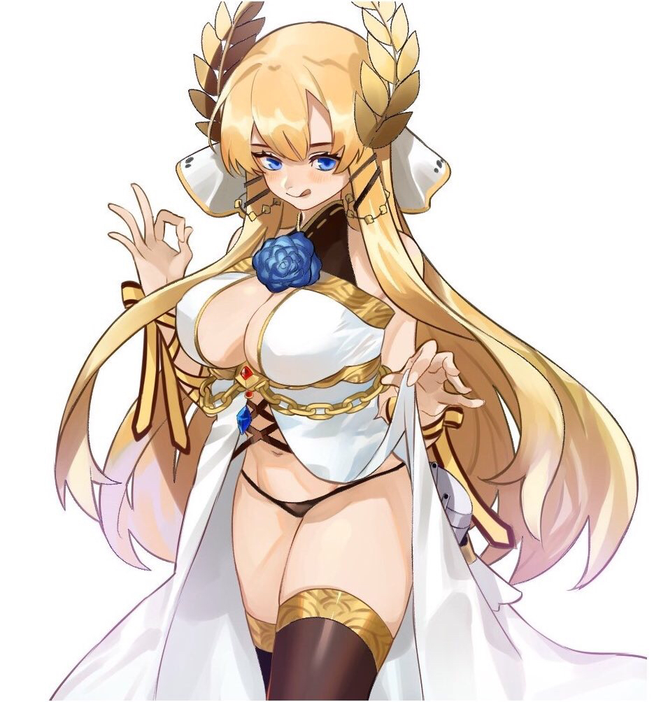 1girl artist_request azur_lane bangs bare_shoulders black_legwear black_panties blonde_hair blue_eyes blue_flower blue_rose blush breasts center_opening chains cleavage closed_mouth dress dress_lift fellatio_gesture flower hair_between_eyes halterneck large_breasts laurel_crown lifted_by_self long_hair looking_at_viewer navel panties ribbon rose simple_background sleeveless sleeveless_dress solo stomach thighhighs thighs tongue tongue_out underwear very_long_hair victorious_(azur_lane) white_background white_dress wrist_ribbon yellow_ribbon