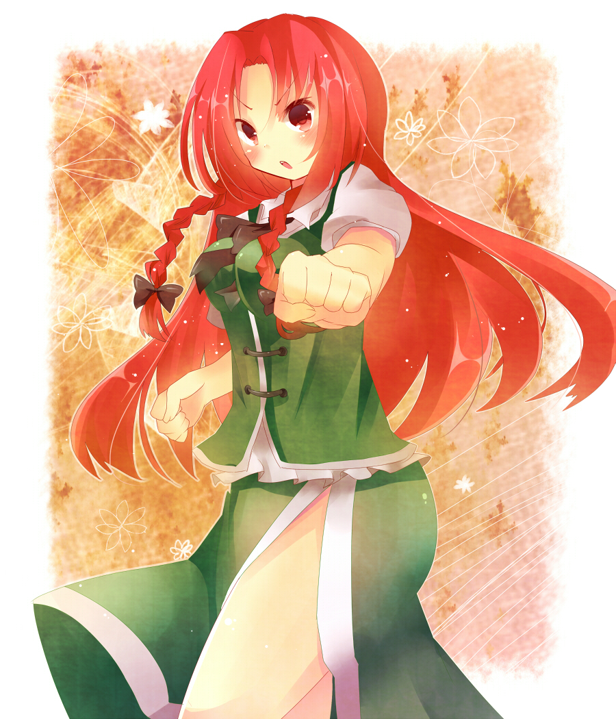 bad_id bad_pixiv_id braid chinese_clothes clenched_hands hong_meiling long_hair red_eyes red_hair solo tamagogayu1998 thighs touhou twin_braids