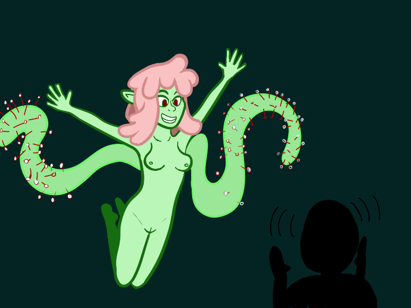 alien breasts duo green_skin hair humanoid monster_girl_(genre) mrsquidon nipples nude pink_hair pussy red_eyes tentacles