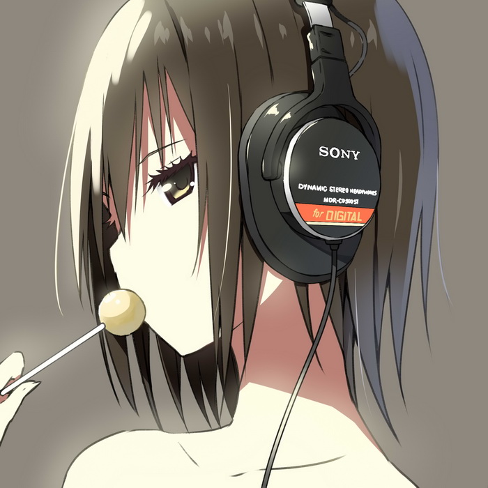 brown_eyes brown_hair cable candy character_request collarbone face food headphones lollipop short_hair simple_background sky_(freedom) solo sony