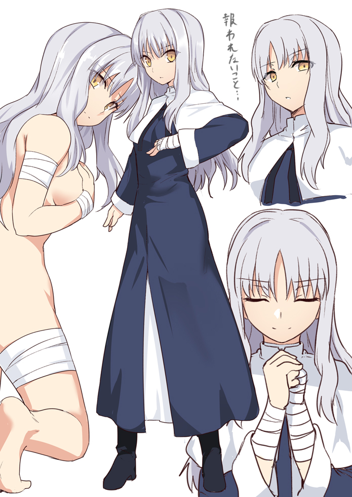 1girl bandage bandaged_arm bandaged_hand bandaged_leg bandages bangs blue_footwear blue_robe boots breasts caren_hortensia commentary_request dress eyebrows_visible_through_hair fate/hollow_ataraxia fate_(series) grey_hair kneeling layered_sleeves long_hair long_sleeves looking_at_viewer medium_breasts multiple_views nude parted_bangs praying robe shiseki_hirame simple_background solo standing translation_request white_background yellow_eyes