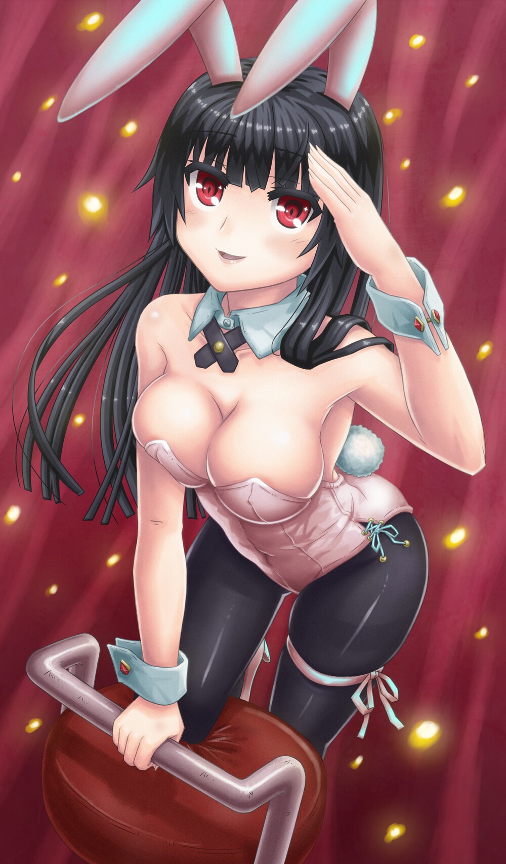 animal_ears black_hair breasts bunny_ears bunny_tail bunnysuit cleavage detached_collar highres long_hair medium_breasts original pantyhose red_eyes salute solo stool sunago tail wrist_cuffs