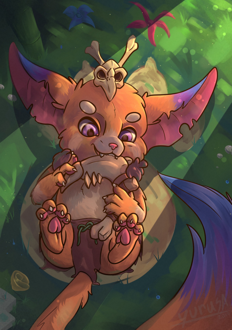 anthro big_ears bite boomerang claws clothing cub gnar_(lol) grass league_of_legends loincloth lying male pawpads paws riot_games skull solo video_games yordle young yurusa
