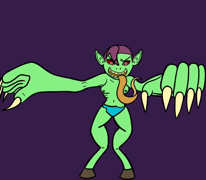 big_hands breasts claws green_skin hooves long_tongue monster monster_girl_(genre) mrsquidon nipples not_furry pointy_ears red_eyes tongue