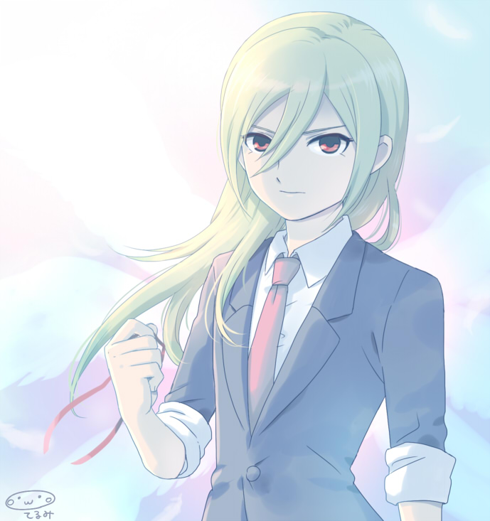 afuro_terumi blonde_hair character_name formal hair_down inazuma_eleven_(series) inazuma_eleven_go long_hair male_focus mizuhara_aki necktie older red_eyes solo suit upper_body