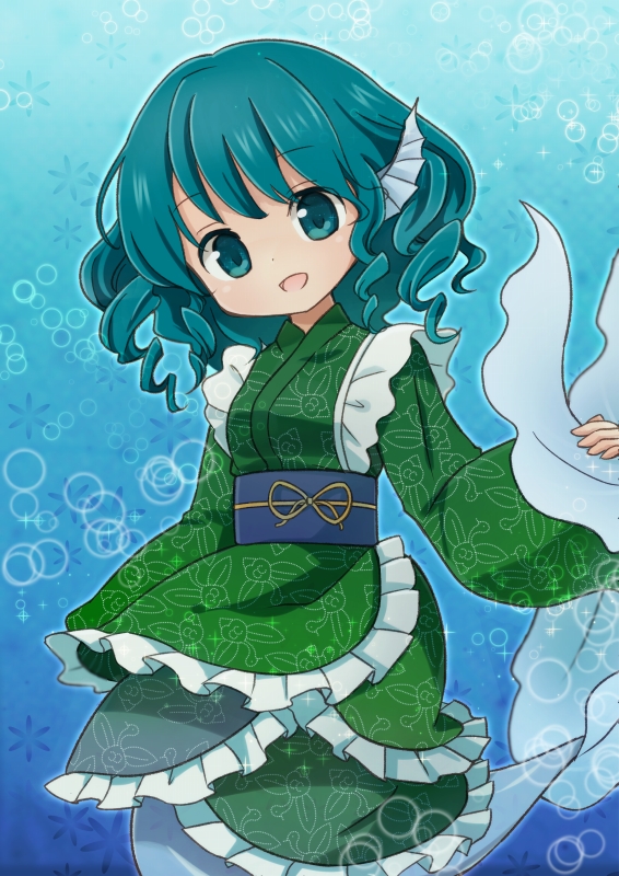 animal_ears blue_eyes blue_hair head_fins japanese_clothes long_sleeves mermaid monster_girl obi open_mouth sash short_hair smile solo tona_(nekotte) touhou wakasagihime