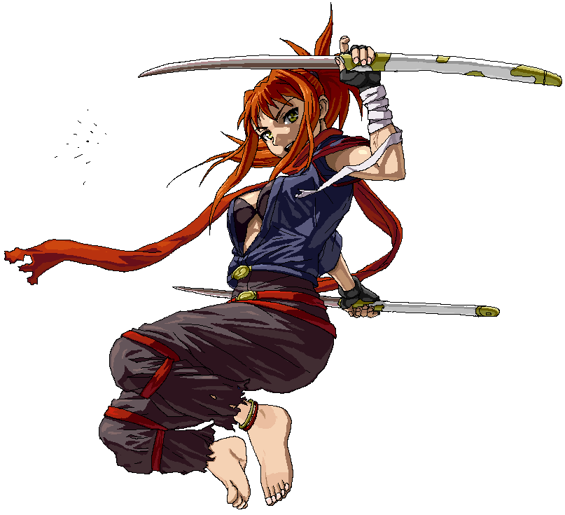 alternate_costume anklet artist_request barefoot bra dual_wielding feet fighting_stance fingerless_gloves full_body gloves holding jewelry katana long_hair midriff my-hime non-web_source oekaki open_clothes open_shirt pants ponytail red_hair scarf shirt sugiura_midori sword torn_clothes torn_pants transparent_background underwear weapon wrist_wrap