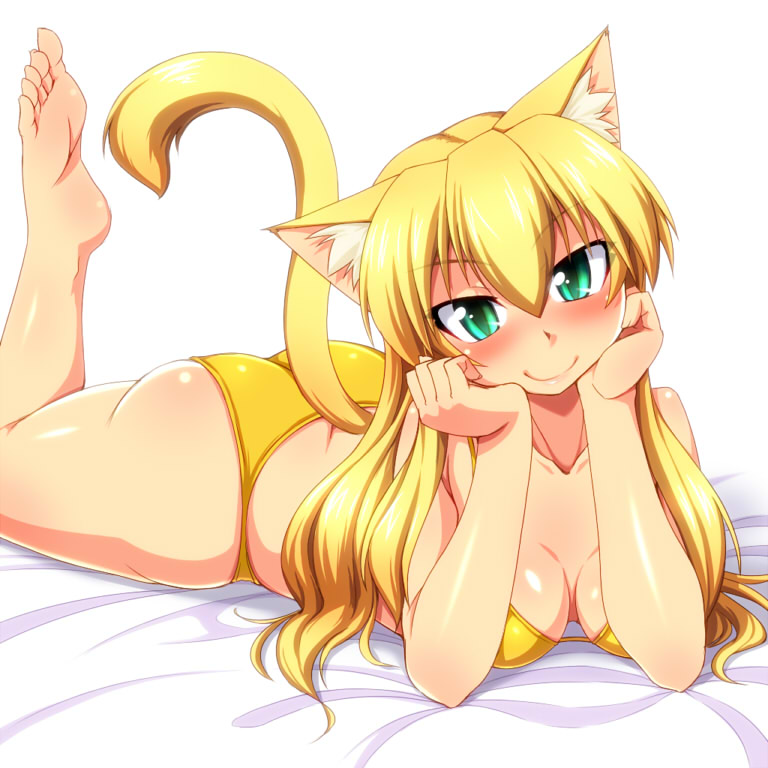 animal_ears bare_shoulders barefoot bikini blonde_hair blush breasts cat_ears cat_tail green_eyes head_rest long_hair lying medium_breasts nokoppa on_stomach original simple_background smile soles solo swimsuit tail white_background yellow_bikini