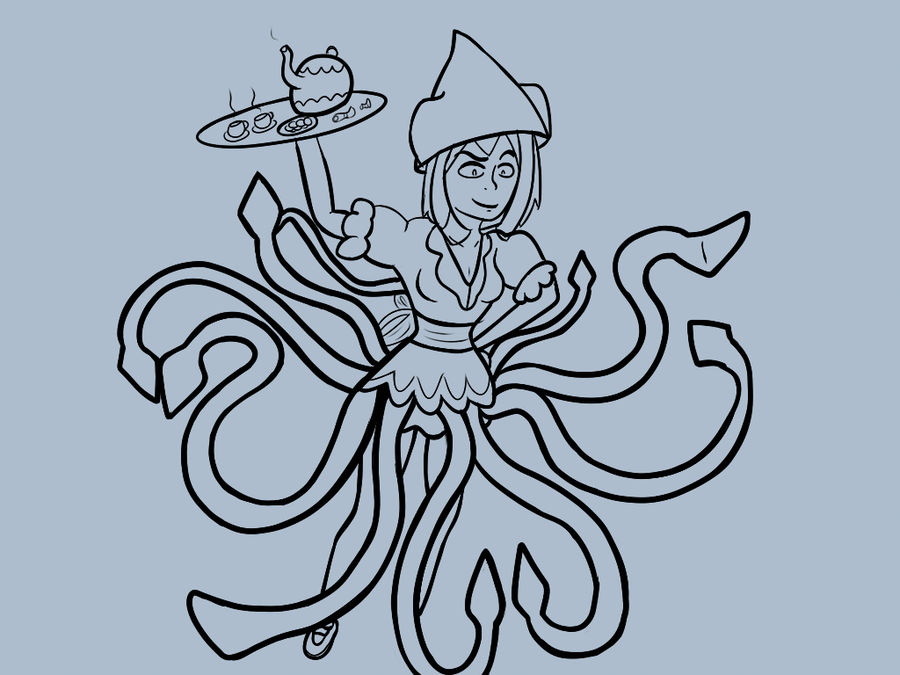cephalopod digital_media_(artwork) female food hair humanoid looking_at_viewer marine mollusk monster_girl_(genre) mrsquidon not_furry simple_background smile solo squid