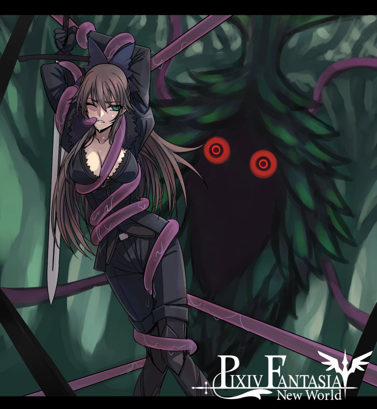 between_breasts bow breasts brown_hair character_request cleavage copyright_name crazy_eyes green_eyes hair_bow long_hair looking_at_viewer medium_breasts monster open_mouth pixiv_fantasia pixiv_fantasia_new_world red_eyes restrained shinmai_(kyata) sword tentacles text_focus weapon wince