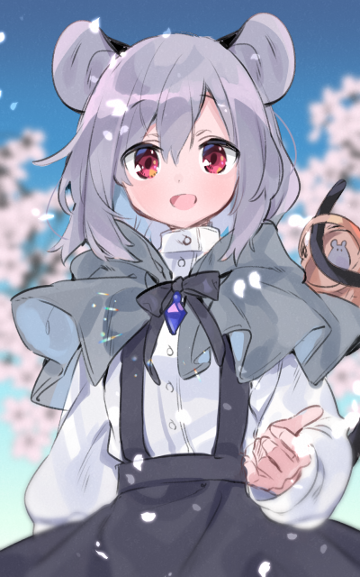 1girl :d akagashi_hagane alternate_costume animal_ears arm_at_side bangs basket black_skirt blush bow bowtie buttons capelet cherry_blossoms cowl dot_nose eyebrows_visible_through_hair grey_hair hair_between_eyes hand_up hood hood_down jewelry long_sleeves looking_at_viewer medium_hair mouse mouse_ears mouse_tail nazrin open_mouth pendant petals puffy_sleeves red_eyes shirt skirt smile solo suspender_skirt suspenders tail touhou turtleneck upper_body white_shirt