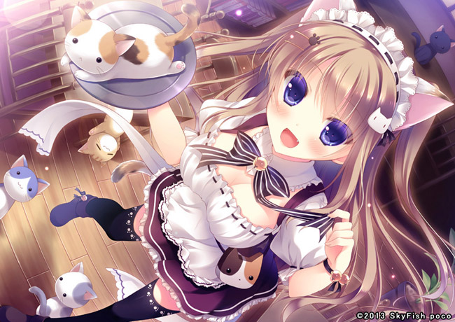 1girl 2013 animal_ears bell cat cat_ears cat_tail dated dress female game_cg jingle_bell looking_at_viewer nyan_cafe_macchiato tail uniform waitress yukie_(peach_candy)