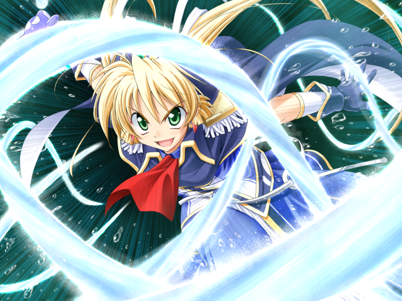 1girl :d angry ascot belt blonde_hair dress fighting_stance game_cg gloves green_eyes hair_ribbon hat jewelry leaning_forward liliana_lun_lun_guenther long_hair motion_blur naughty_face open_mouth outstretched_arms pirate princess_waltz ribbon running smile solo spread_arms takeya_masami twintails very_long_hair water water_gun whale