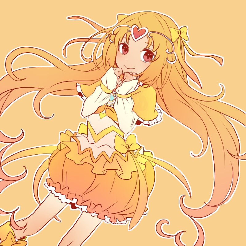 boots bow brooch bubble_skirt choker circlet cure_muse_(yellow) frills hair_ribbon hayashi_(kanzume) heart jewelry knee_boots long_hair magical_girl orange_background orange_hair orange_skirt precure ribbon shirabe_ako skirt smile solo suite_precure yellow_bow