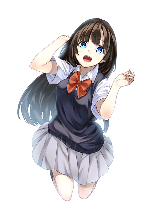 blue_eyes blush bow brown_hair jumping kyon_(fuuran) long_hair looking_at_viewer open_mouth original school_uniform skirt smile solo sweater_vest