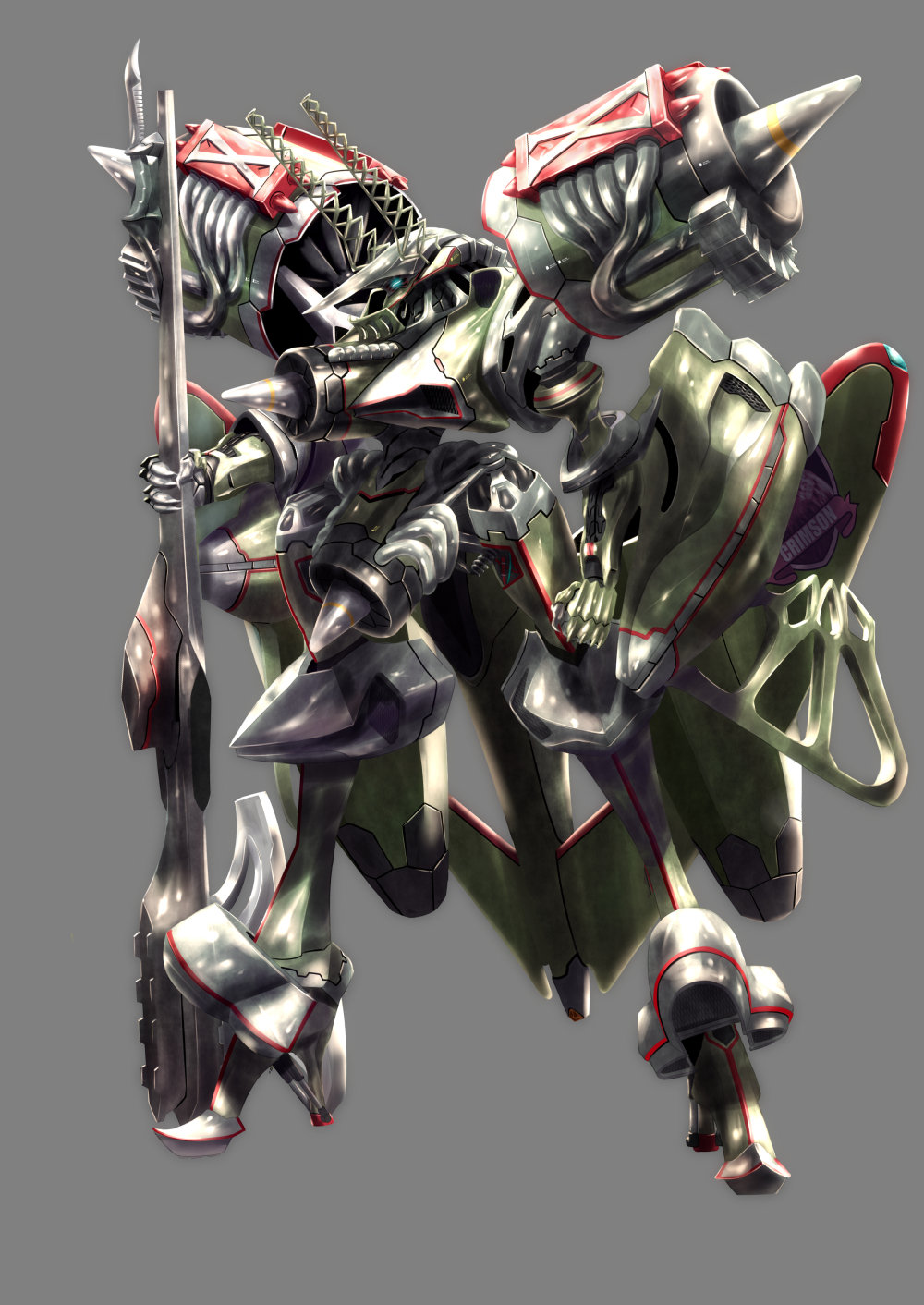 crimson_(cxrss377) draft_diver glowing highres mecha no_humans original science_fiction simple_background weapon white_background