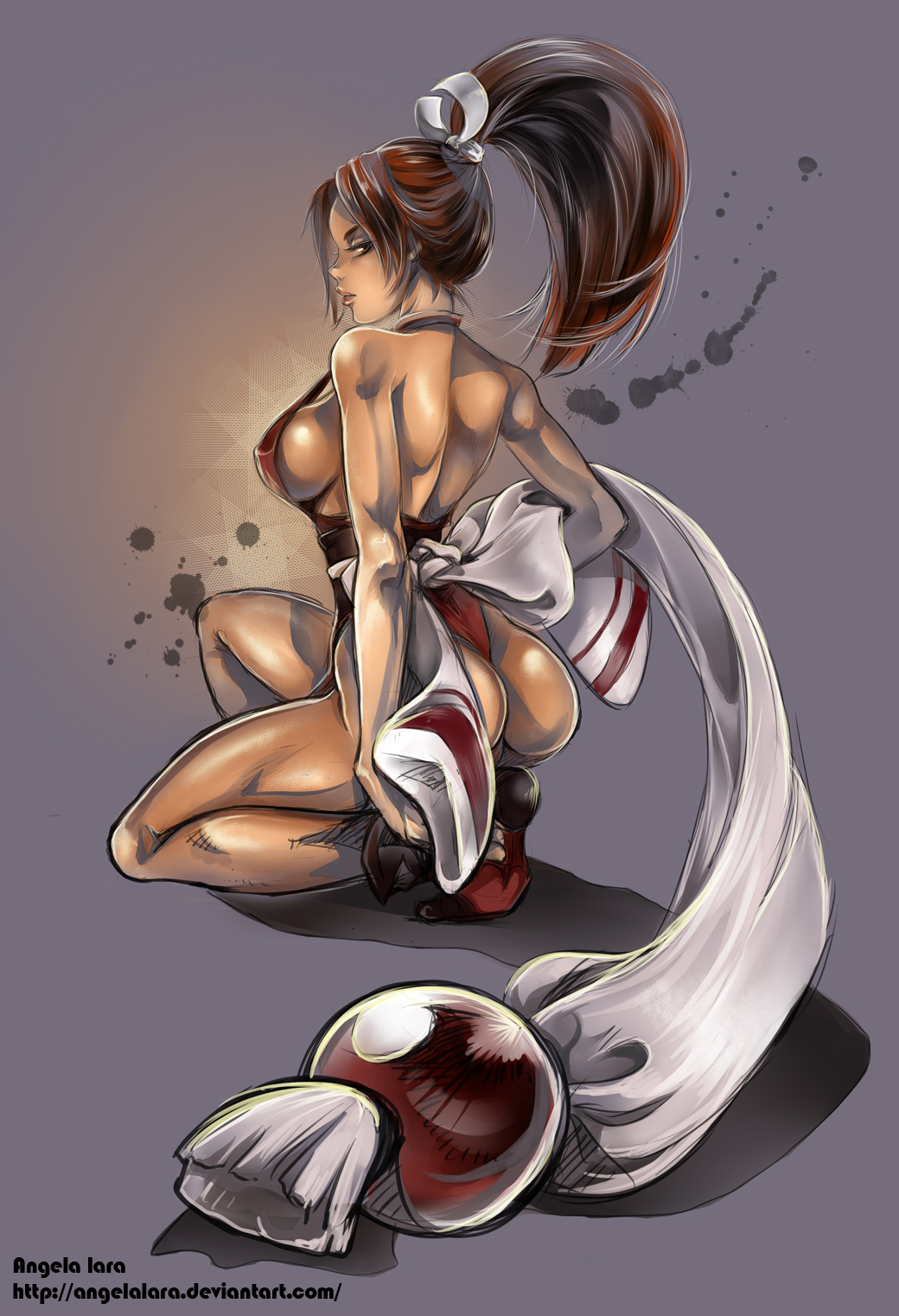 1girl angela_lara ass back boots breasts brown_eyes brown_hair collarbone covered_nipples erect_nipples fan fatal_fury highres king_of_fighters knees large_breasts legs looking_back ninja nipples ponytail shiny shiny_skin shiranui_mai smile snk solo