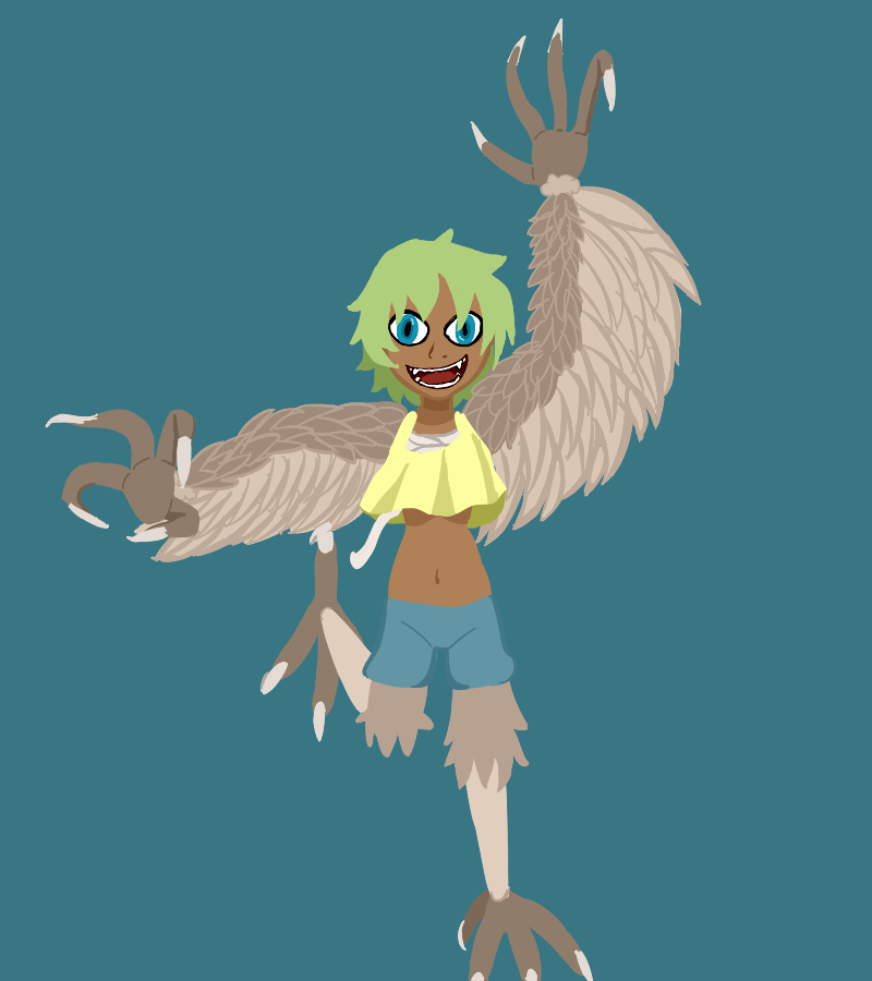 animal_humanoid avian avian_humanoid blue_eyes clothing digital_media_(artwork) feathered_wings feathers female green_hair hair harpy humanoid mammal monster_girl_(genre) mrsquidon not_furry open_mouth simple_background solo talons wings