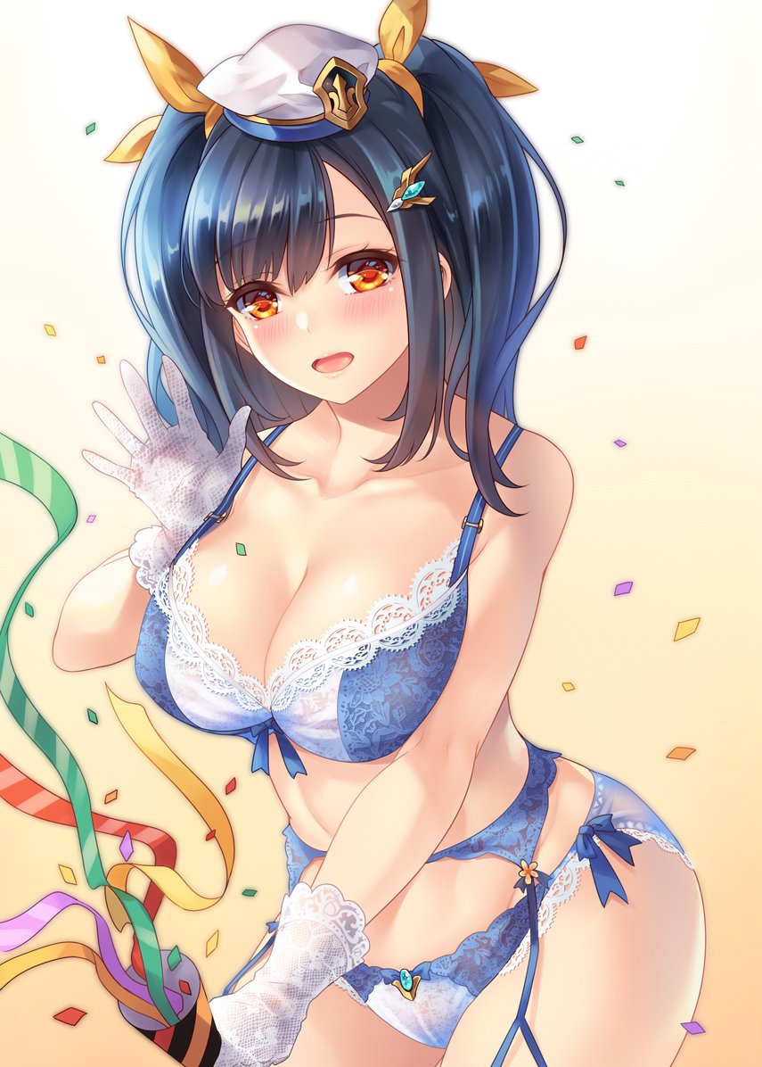 1girl asymmetrical_bangs bangs black_hair blush bra breasts curvy elmira_(sennen_sensou_aigis) gem gloves hair_ornament hair_ribbon hairclip hat lace lace-trimmed_bra lace-trimmed_gloves lace-trimmed_panties lace_bra lace_gloves lace_panties large_breasts lips long_hair makirin navel orange_eyes panties ribbon ribbon-trimmed_bra ribbon-trimmed_panties sennen_sensou_aigis side-tie_panties smile solo twintails underwear