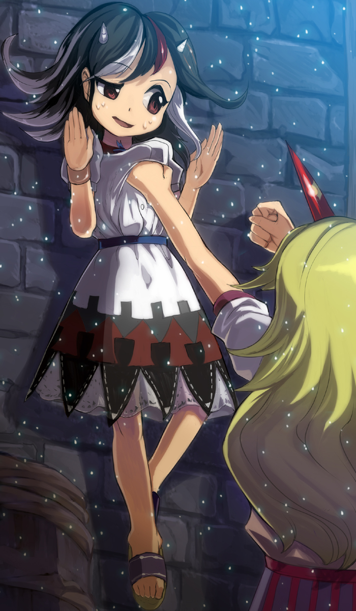 against_wall barrel black_hair blonde_hair bow bracelet brick_wall brown_eyes clenched_hand clothes_grab commentary_request dress dress_grab feet flip-flops hand_up hands_up highres horn horns hoshiguma_yuugi jewelry kijin_seija lifting_person light_particles long_hair looking_at_viewer looking_down multicolored multicolored_clothes multicolored_dress multicolored_hair multiple_girls open_hands open_mouth palms raised_eyebrow raised_fist red_eyes sandals shadow shirt shope short_hair short_sleeves smile streaked_hair sweat sweatdrop tongue touhou wall white_hair wristband