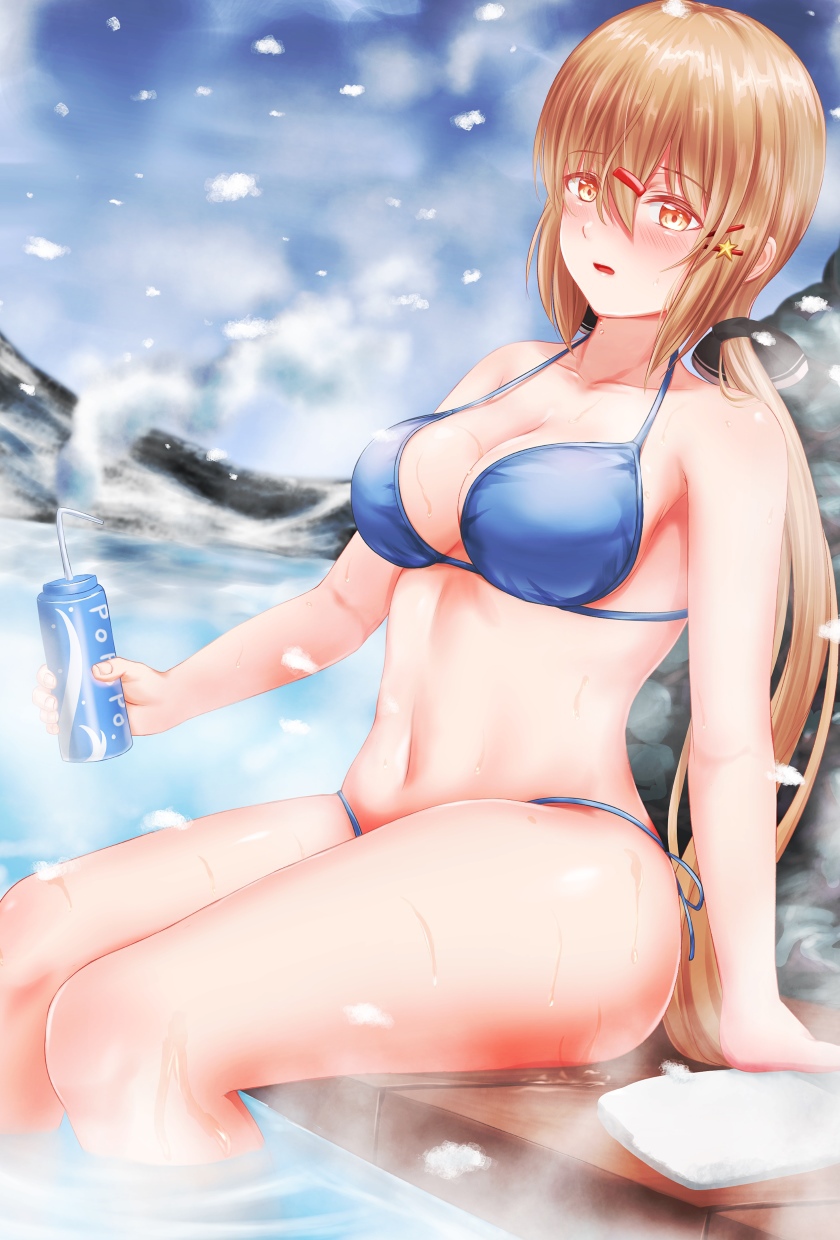 1girl bikini black_bow blue_bikini blush bow breasts brown_eyes brown_hair eyebrows_visible_through_hair hair_between_eyes hair_bow hair_ornament hairclip highres kantai_collection large_breasts long_hair navel onsen open_mouth sabakuomoto sitting snowing steam swimsuit tashkent_(kantai_collection) towel winter