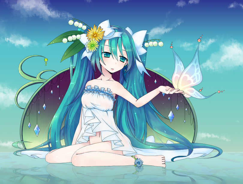 bad_id bad_pixiv_id bottomless bow colorized ef_(galboumai) flower green_eyes green_hair hair_bow hair_flower hair_ornament hatsune_miku lily_of_the_valley long_hair mikoko_(mg2) reflection sitting solo very_long_hair vocaloid wariza