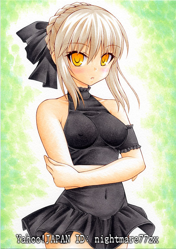 :o artist_name artoria_pendragon_(all) bare_shoulders blonde_hair blush bow breasts covered_nipples crossed_arms fate/stay_night fate_(series) hair_bow medium_breasts nightmare77zx saber_alter solo swimsuit swimsuit_skirt traditional_media yellow_eyes