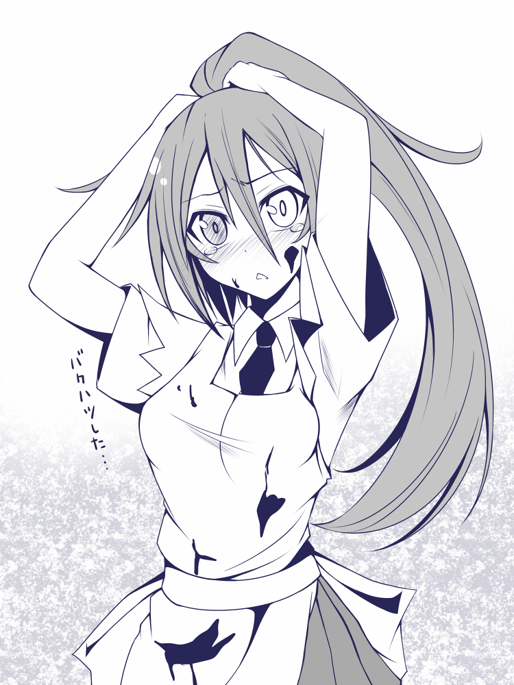 apron arms_up blush breasts heterochromia long_hair looking_at_viewer medium_breasts monochrome original ponytail rebecca_arcane solo suterii very_long_hair