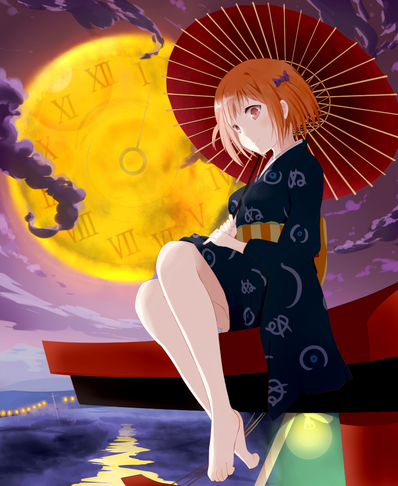 barefoot blush bow breasts brown_eyes brown_hair clock cloud feet hair_bow hataraku_maou-sama! japanese_clothes kimono looking_at_viewer medium_breasts moon oriental_umbrella peanuts_(ennuim) sasaki_chiho short_hair short_kimono sitting smile solo toe_scrunch torii umbrella water