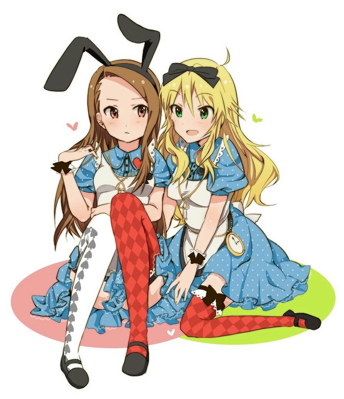 alice_(wonderland) alice_in_wonderland animal_ears blonde_hair brown_eyes brown_hair bunny_ears costume dress dressy_alice green_eyes hairband heart hoshii_miki idolmaster idolmaster_(classic) long_hair minase_iori multiple_girls ribbon smile thighhighs white_rabbit wristband yayamori