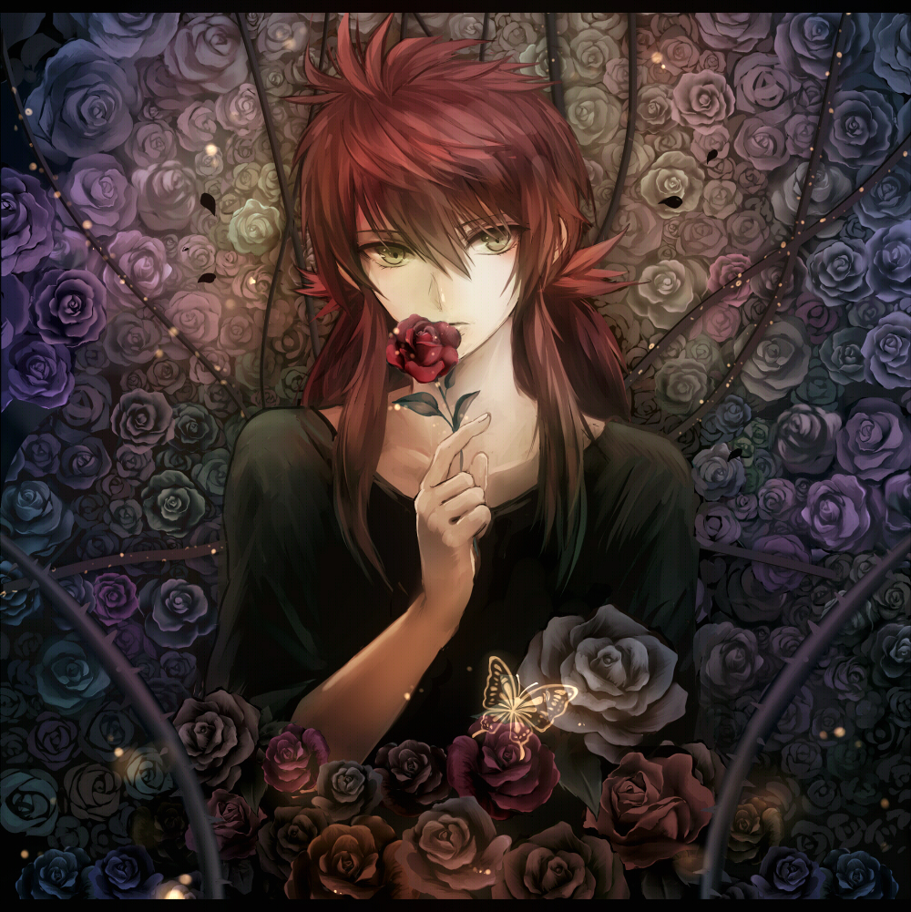 bug butterfly flower holding holding_flower insect kurama long_hair looking_at_viewer male_focus ouri red_flower red_hair red_rose rose solo thorns yellow_eyes yuu_yuu_hakusho