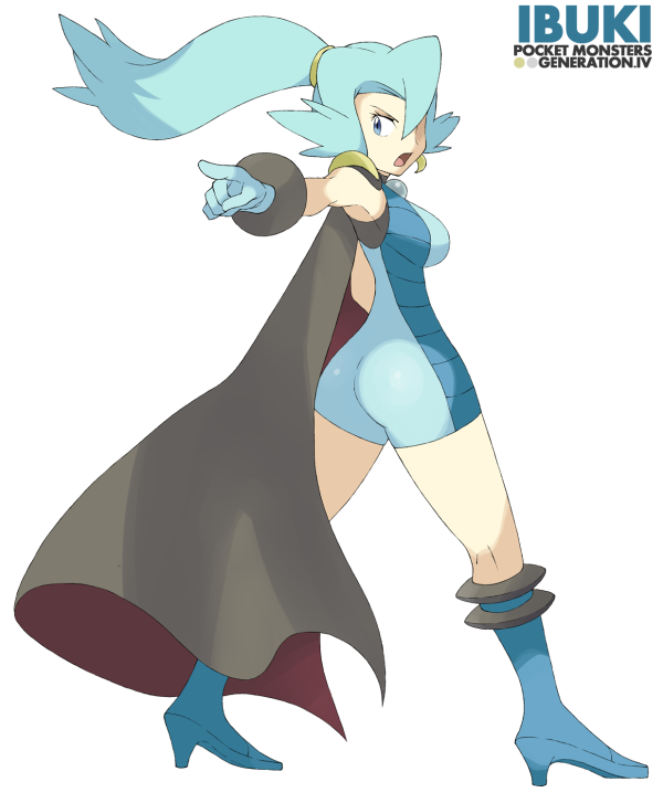 aqua_hair ass blue_eyes bodysuit breasts cape character_name copyright_name earrings gloves hair_over_one_eye high_heels ibuki_(pokemon) jewelry long_hair medium_breasts pointing pokemon ponytail simple_background solo souji white_background